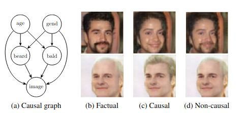 Figure 1: (a) A plausible causal graph for human faces; (b) Factual images (no intervention); (c) Causal counterfactual images using the graph of (a) to perform the interventions do(Female) (upper panel) and do(Young) (lower panel); (d) Non-causal image editing.